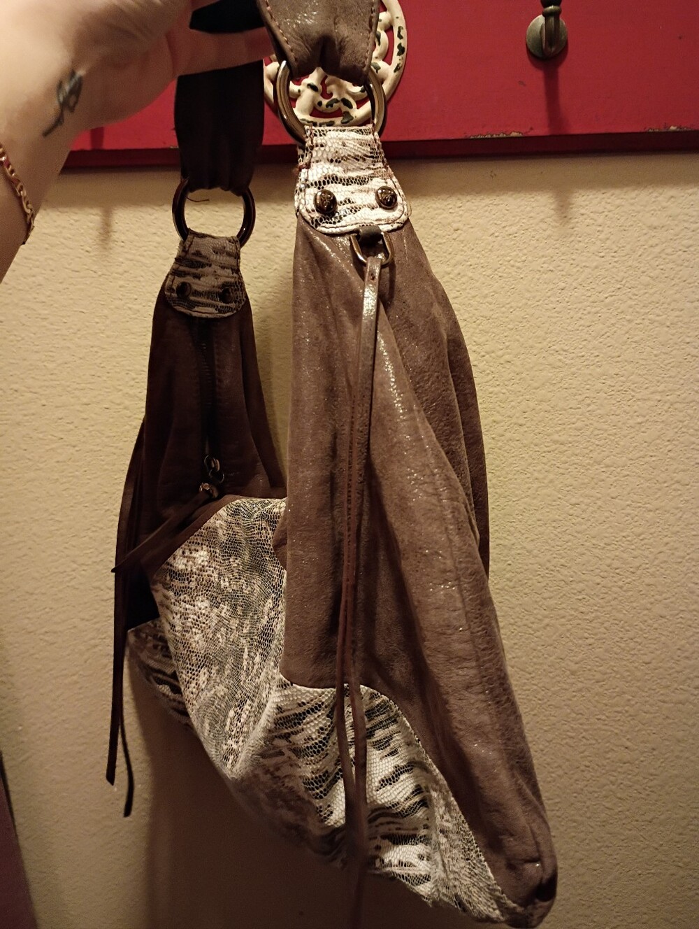HOBO Brown Suede Shoulder Bag with Snake-Print Panel - Picture 2 of 8